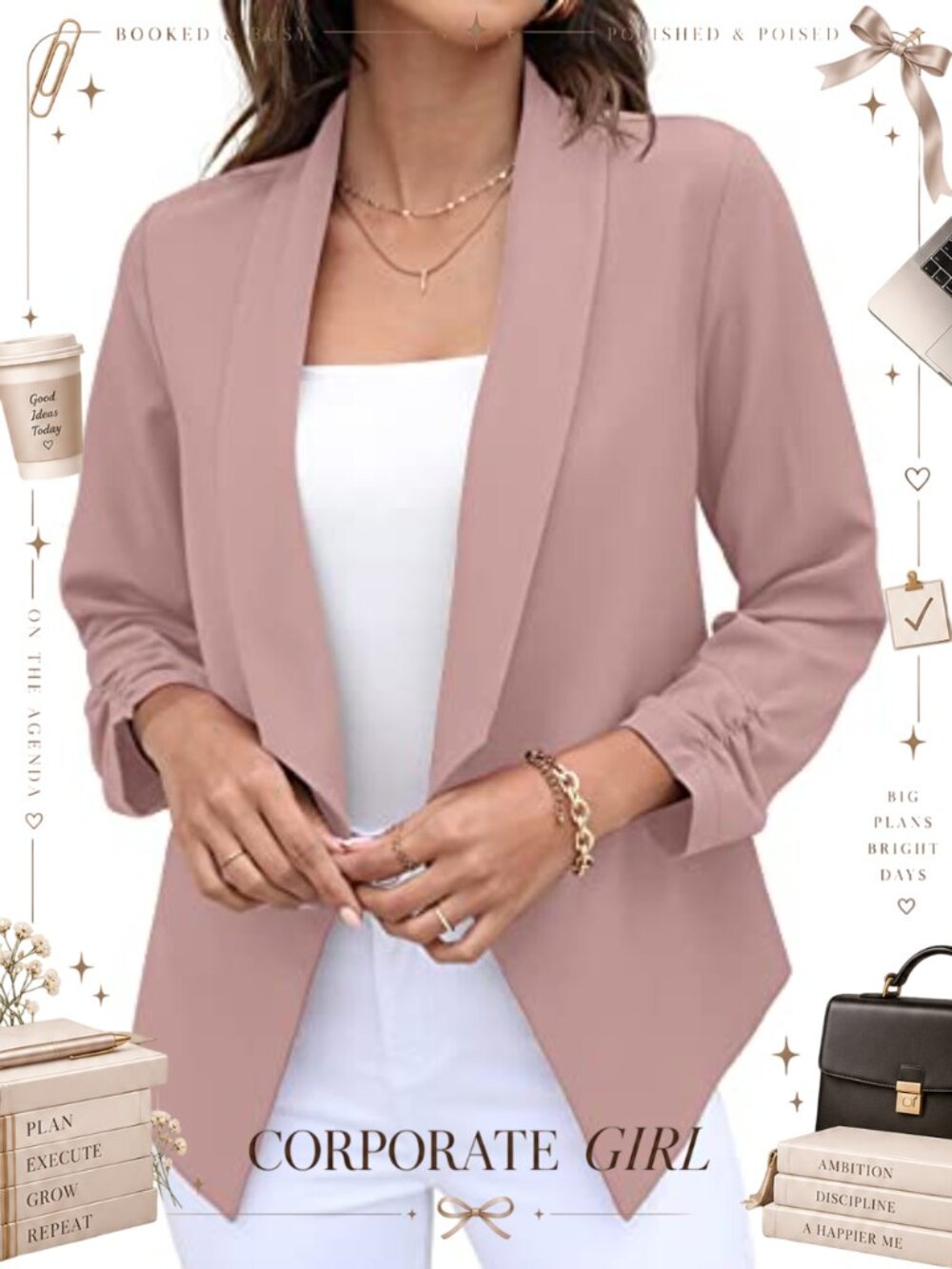 Womens Open Front Blazer Cropped Ruched 3/4 Sleeve Work Office Jacket